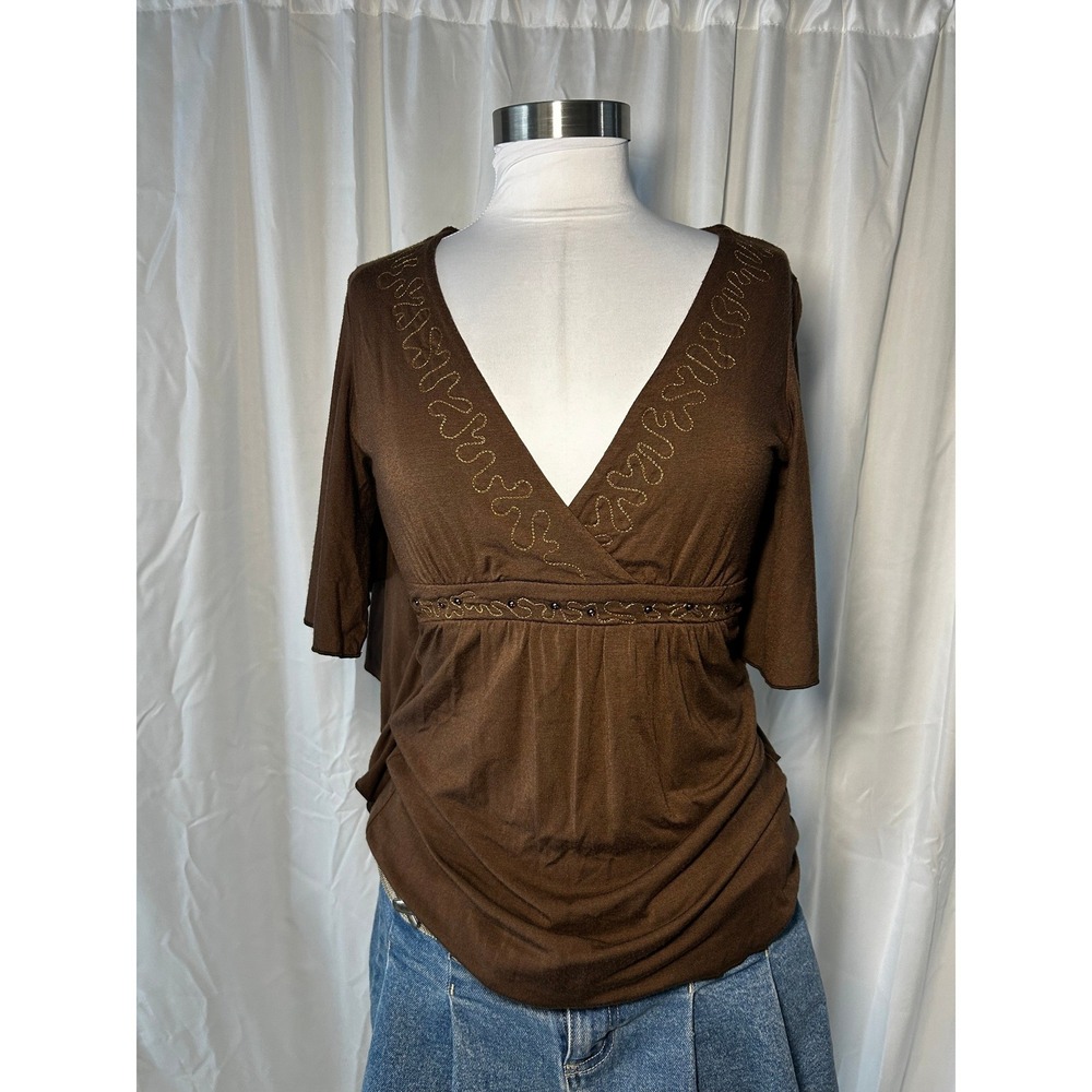 Emma & Sam Brown Embroidered V-Neck Butterfly Sleeve Tie Back Top Small